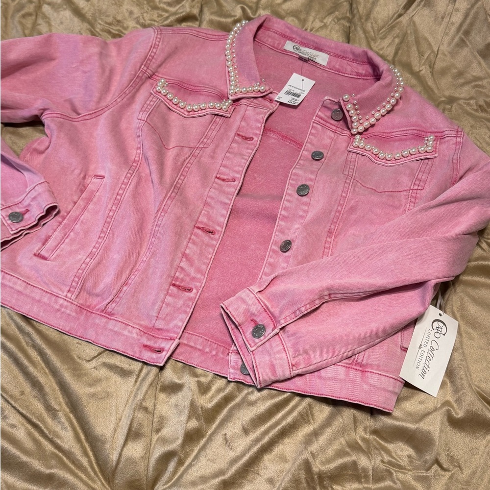 Cato Pink Pearl-Embellished Denim Jacket